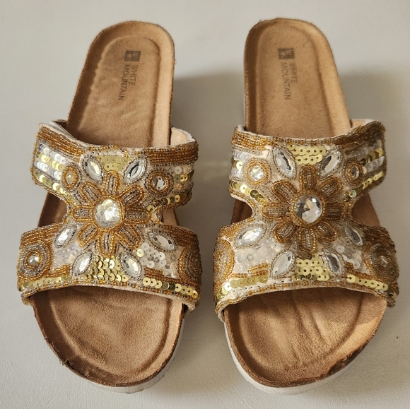 Gold Embellished Floral Sandals with Pearlescent Beads, Gem Stones & Sequins - Picture 2 of 13